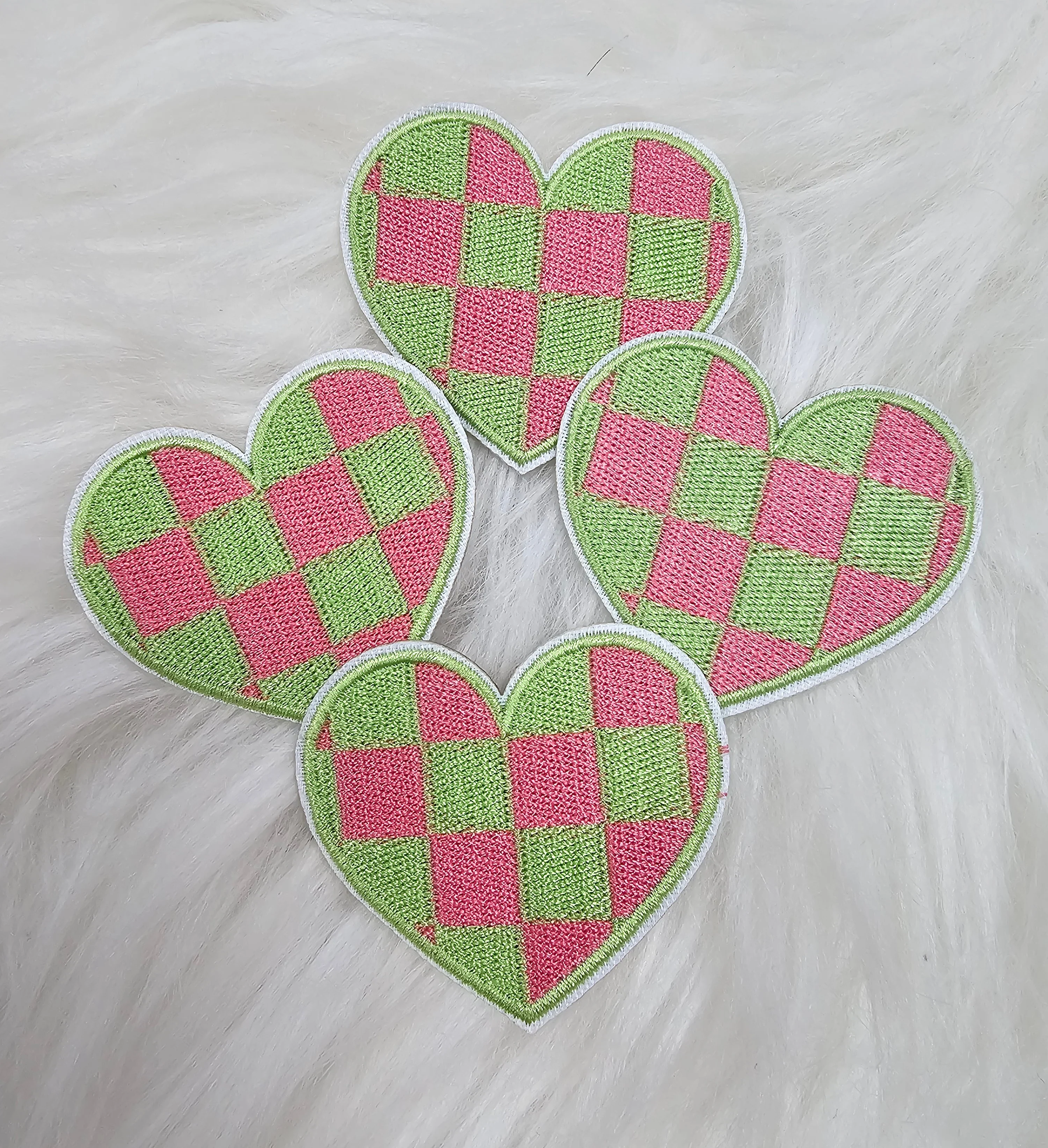 Checkered Green and Pink Heart Embroidery Iron On Patch - Image 3