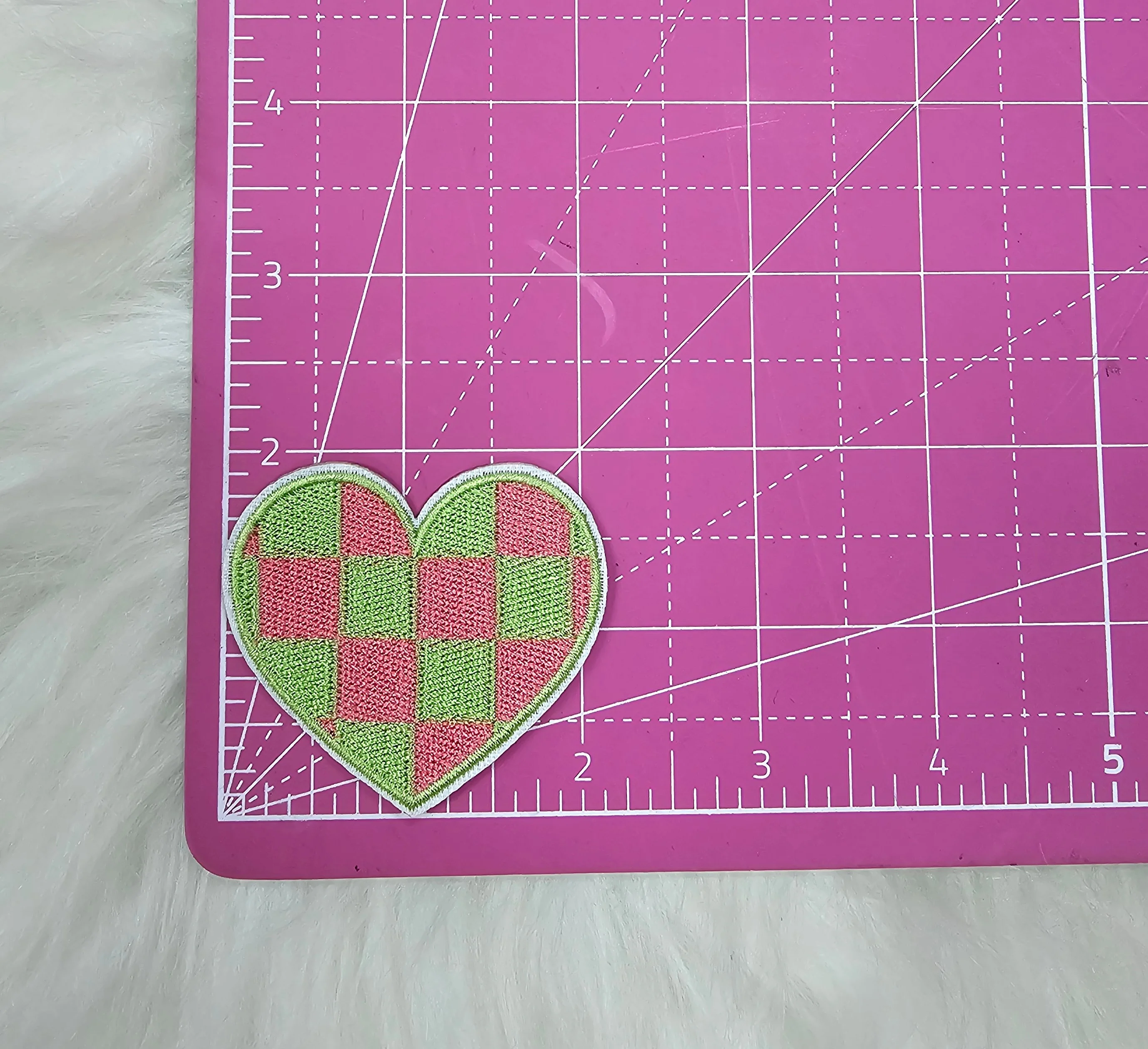 Checkered Green and Pink Heart Embroidery Iron On Patch - Image 4