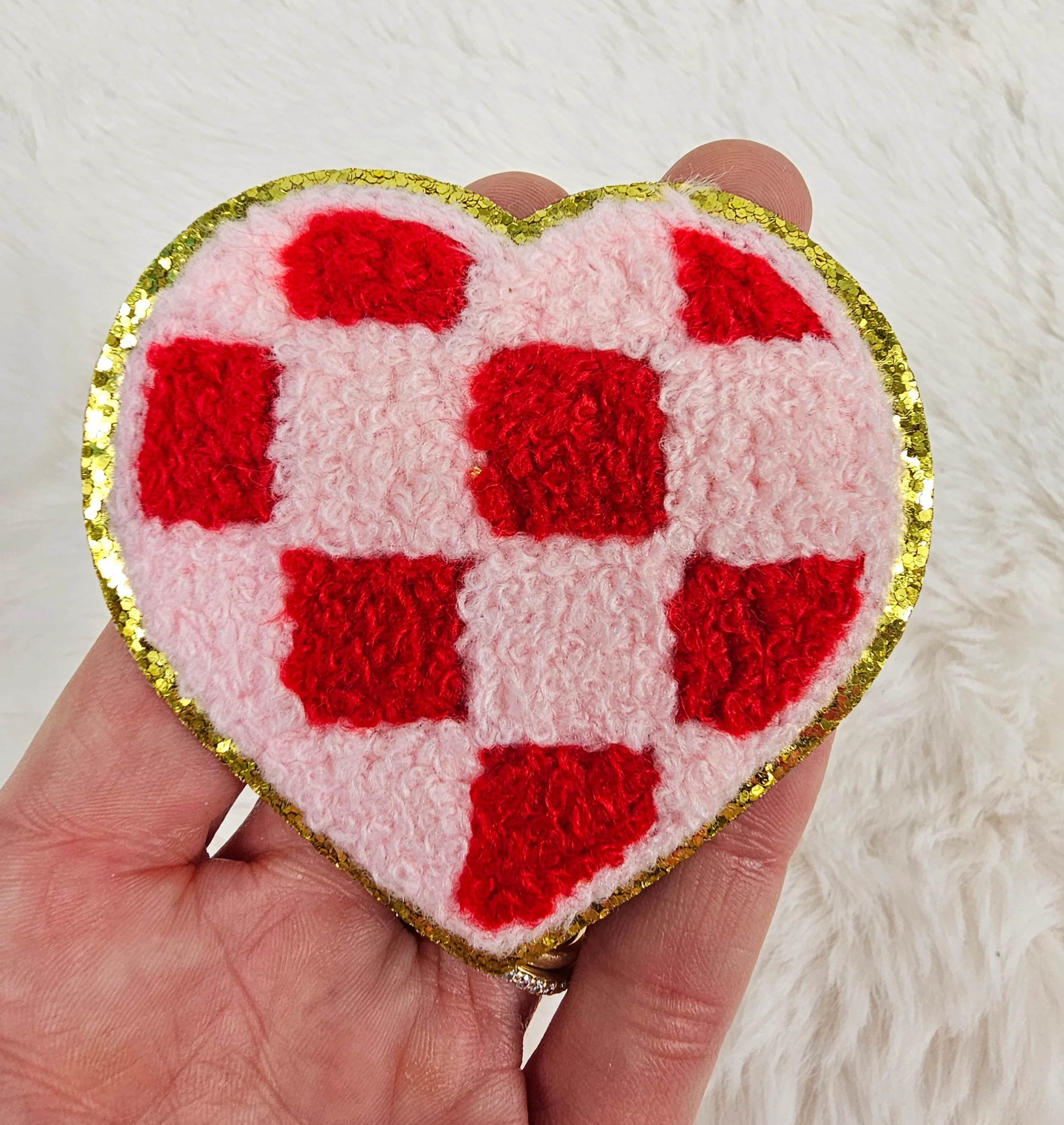 Checkered Heart Chenille Gold Glitter Iron On Patch - Image 3
