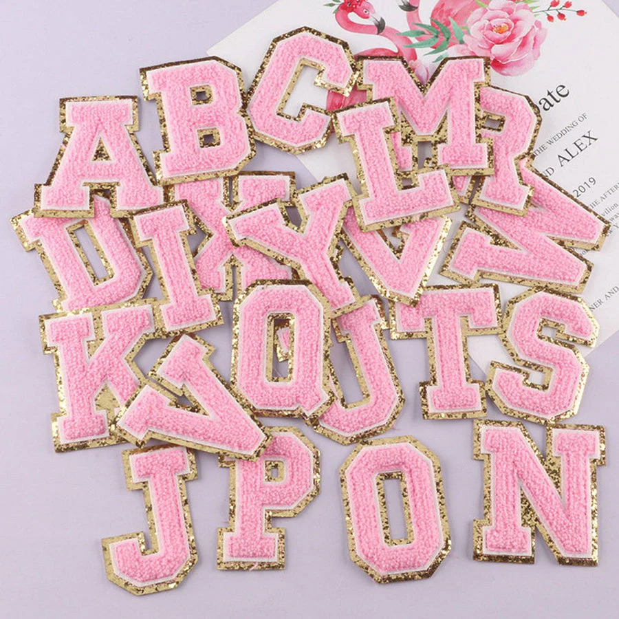 Light Pink Chenille Iron On Gold Glitter Letter Patches - Image 3
