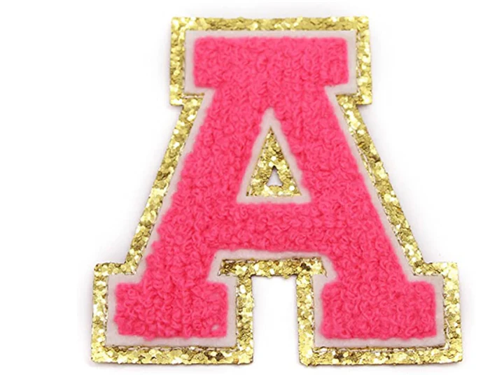 Bright Pink Chenille Iron On Gold Glitter Letter Patches - Image 3