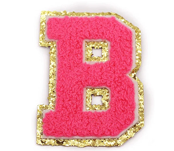 Bright Pink Chenille Iron On Gold Glitter Letter Patches - Image 4