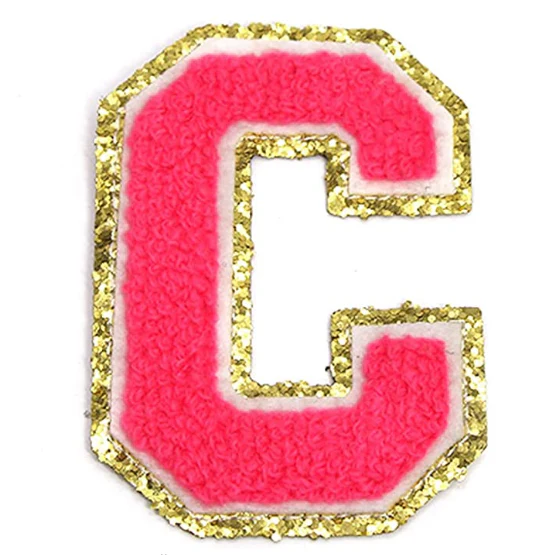 Bright Pink Chenille Iron On Gold Glitter Letter Patches - Image 5