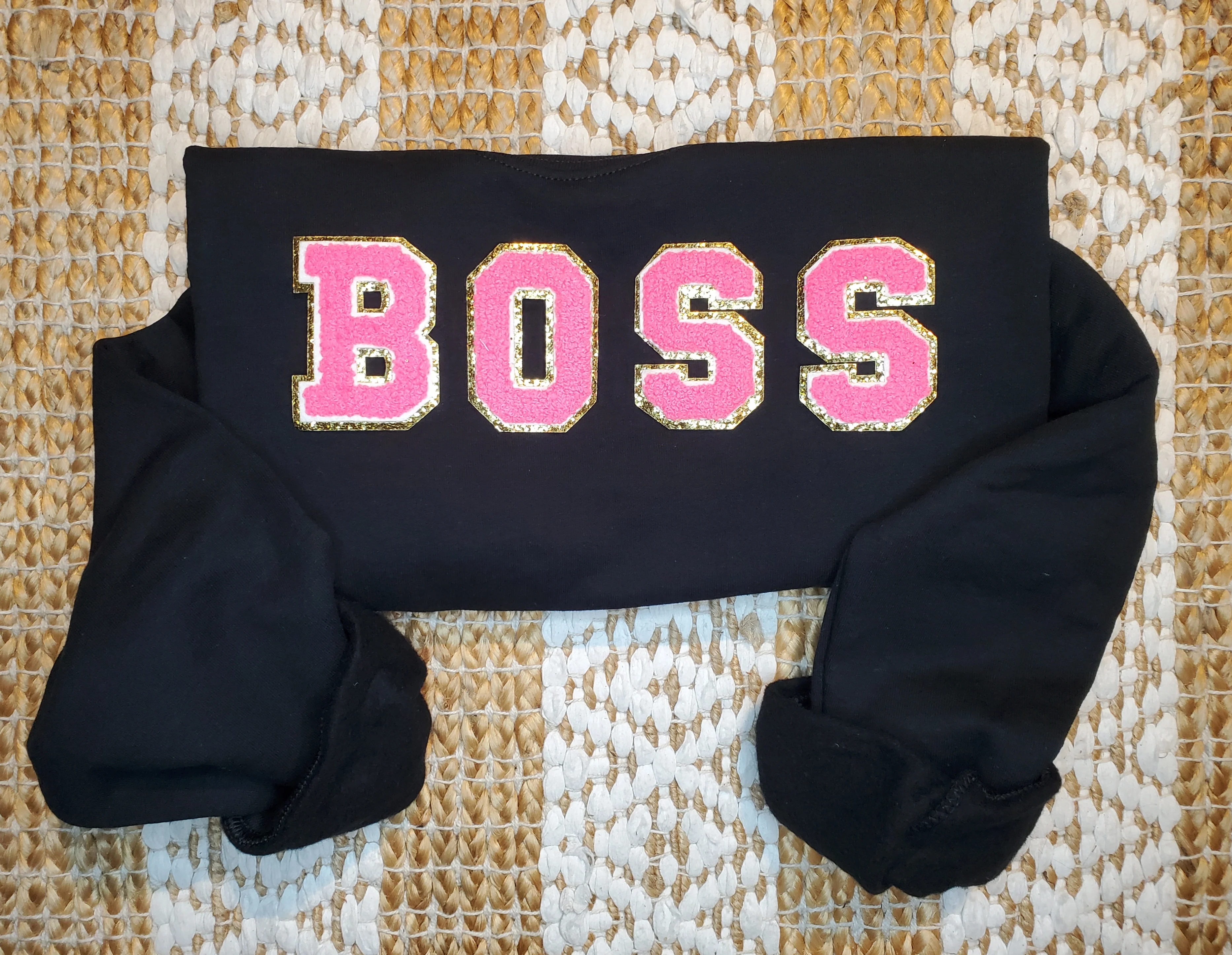 Bright Pink Chenille Iron On Gold Glitter Letter Patches - Image 6