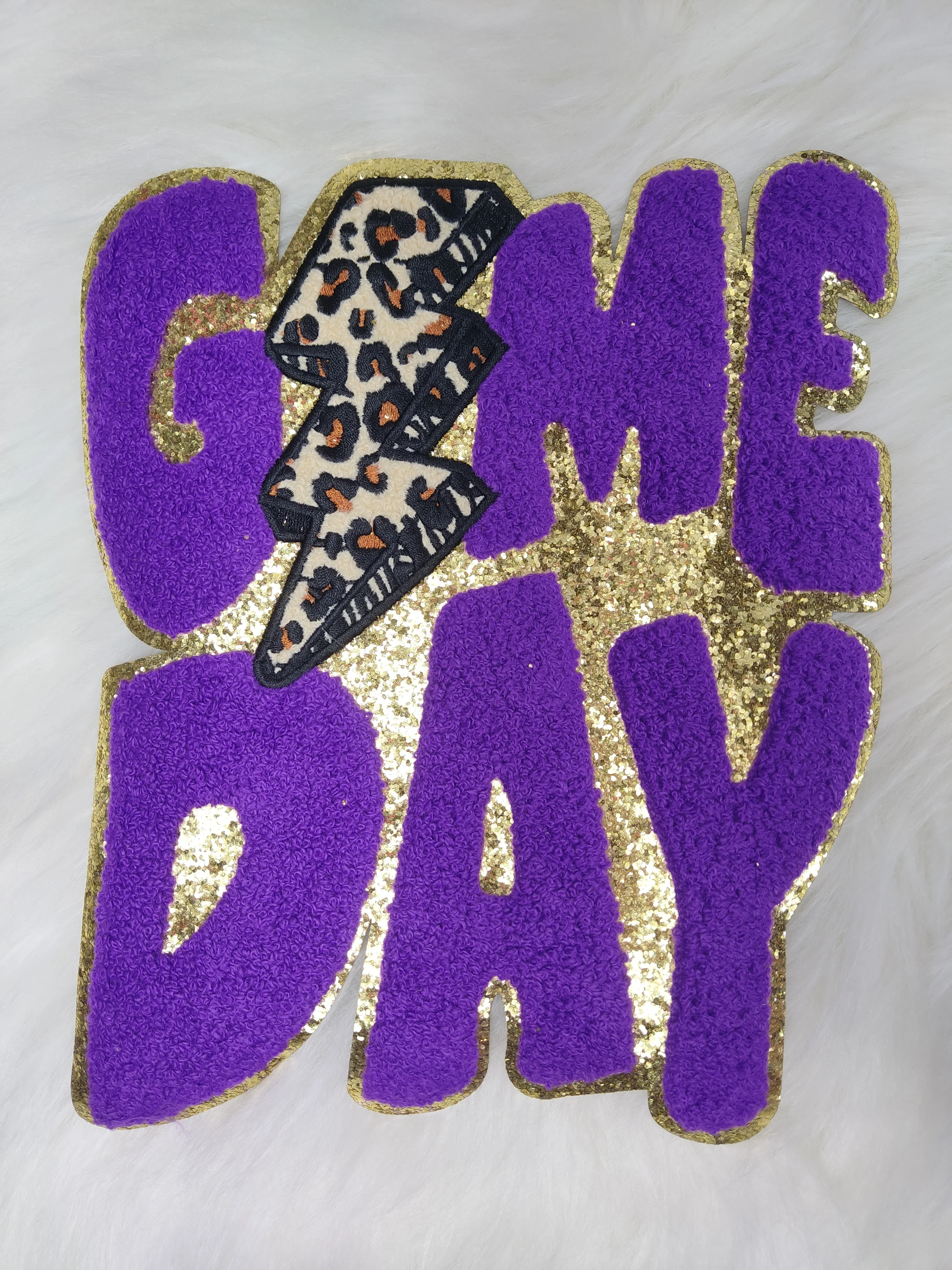Game Day Cheetah Lightning Bolt Large Chenille Gold Glitter Iron-on Patch - Image 6