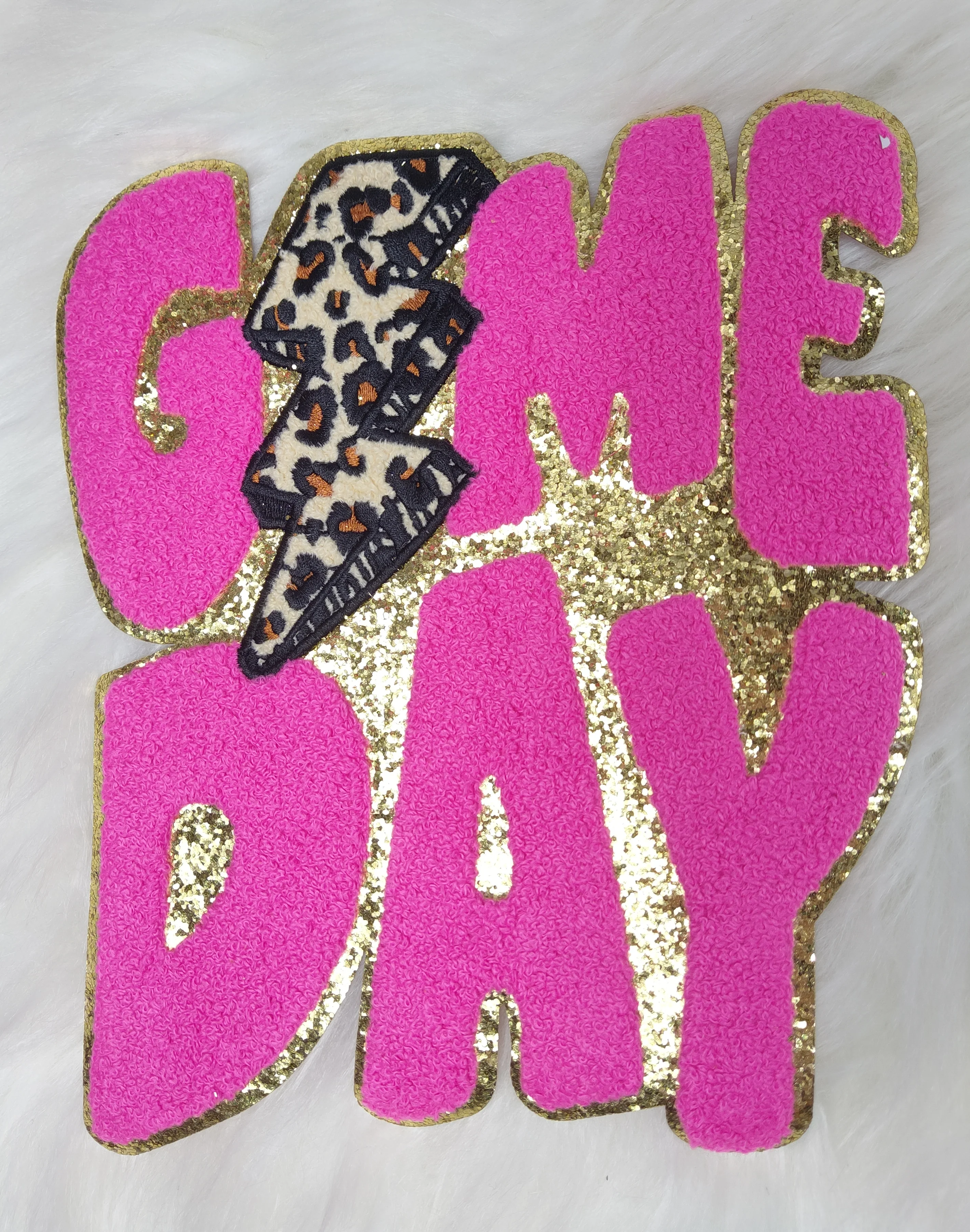 Game Day Cheetah Lightning Bolt Large Chenille Gold Glitter Iron-on Patch - Image 7