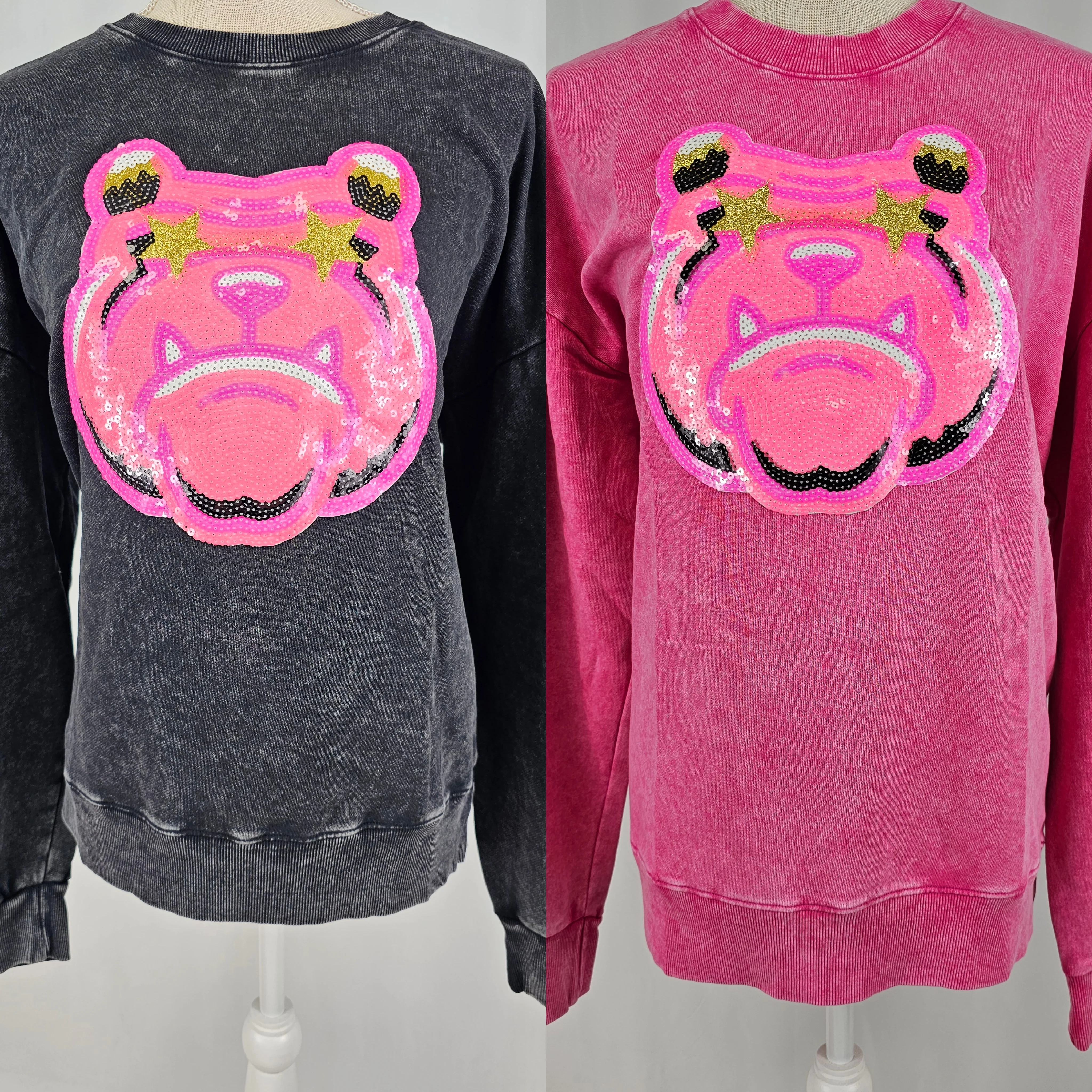 Hot Pink Bulldog Mascot Sequin on Acid Wash Crews by Pretty Preppy Co. - Image 4