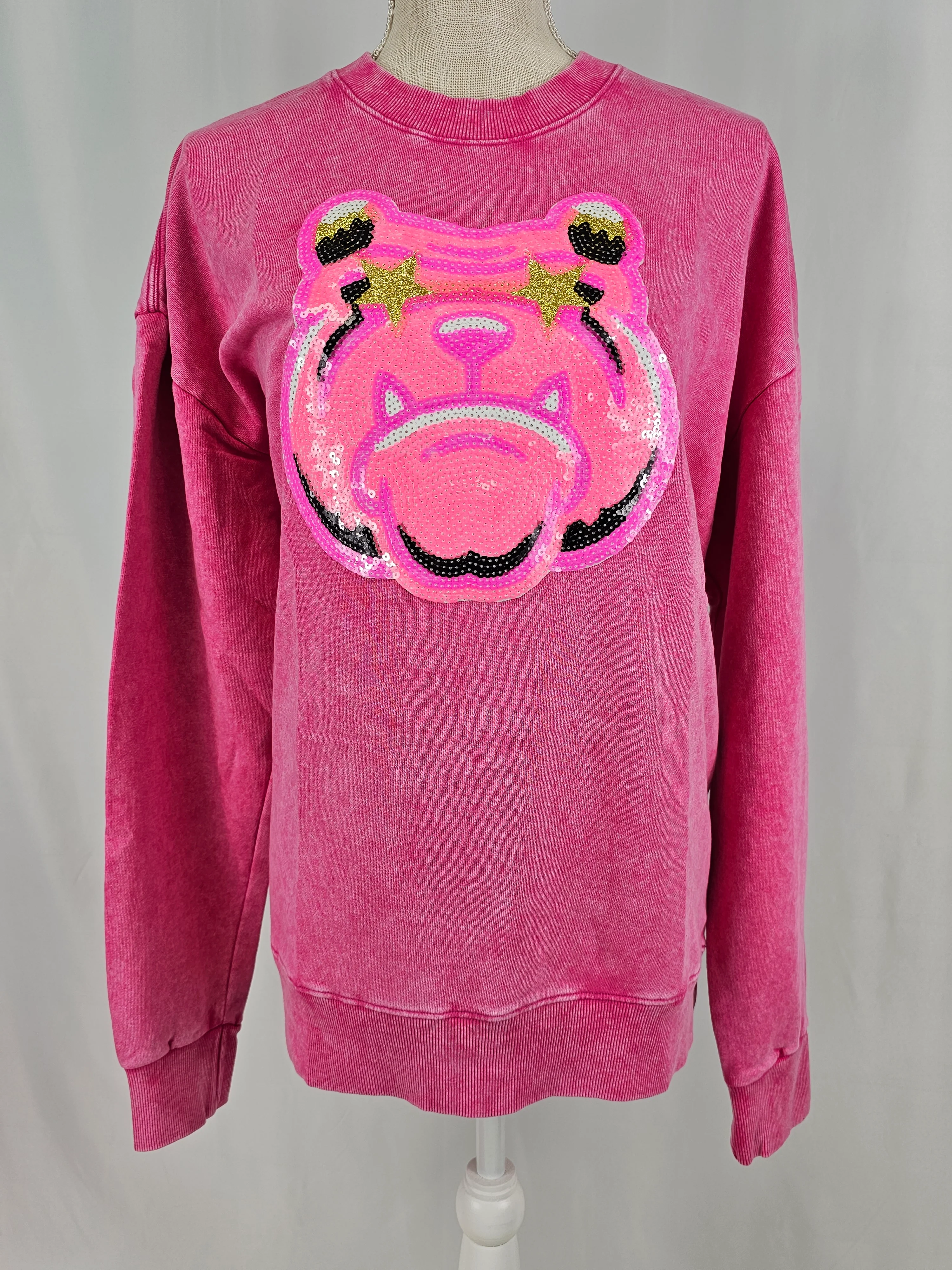 Hot Pink Bulldog Mascot Sequin on Acid Wash Crews by Pretty Preppy Co. - Image 5