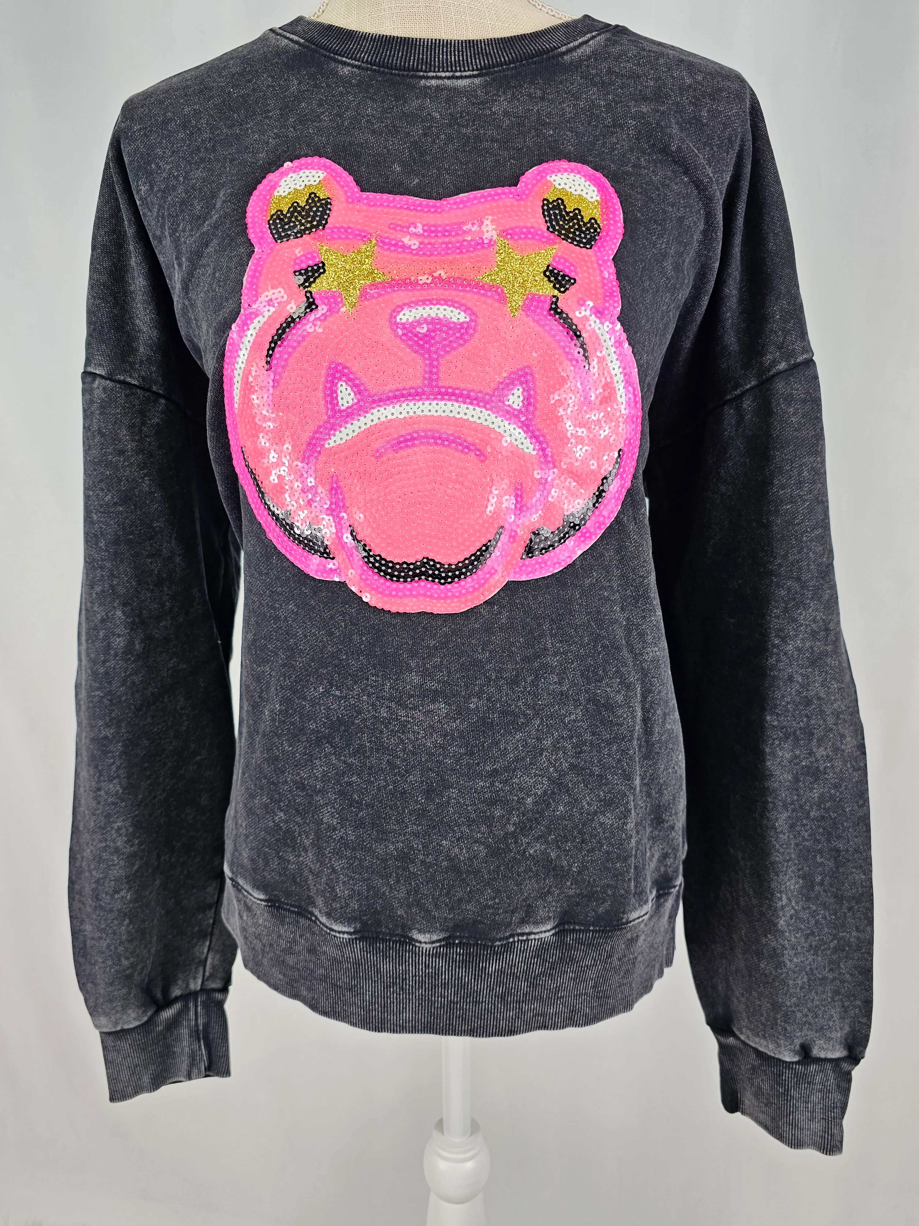 Hot Pink Bulldog Mascot Sequin on Acid Wash Crews by Pretty Preppy Co. - Image 6