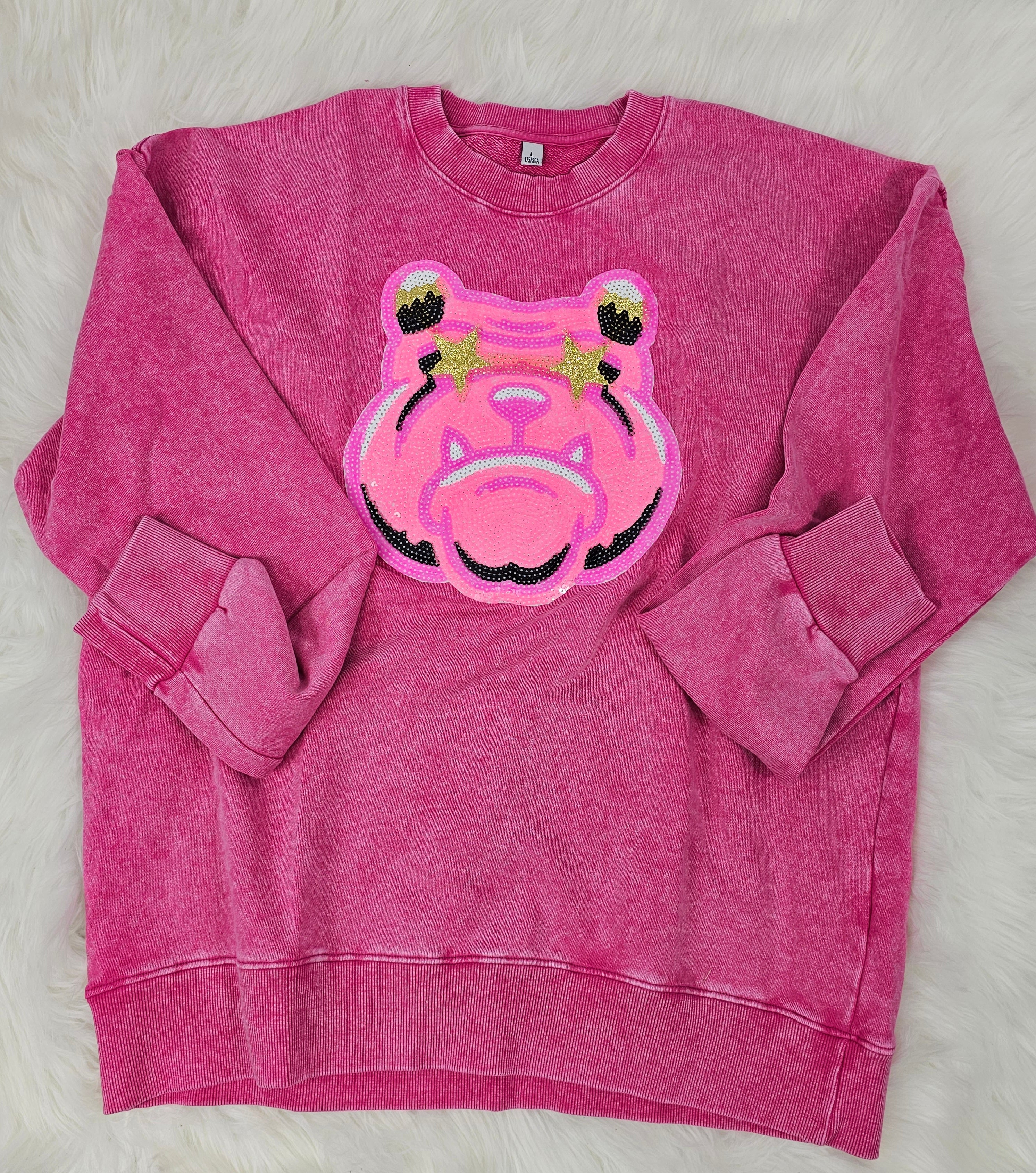 Hot Pink Bulldog Mascot Sequin on Acid Wash Crews by Pretty Preppy Co. - Image 7
