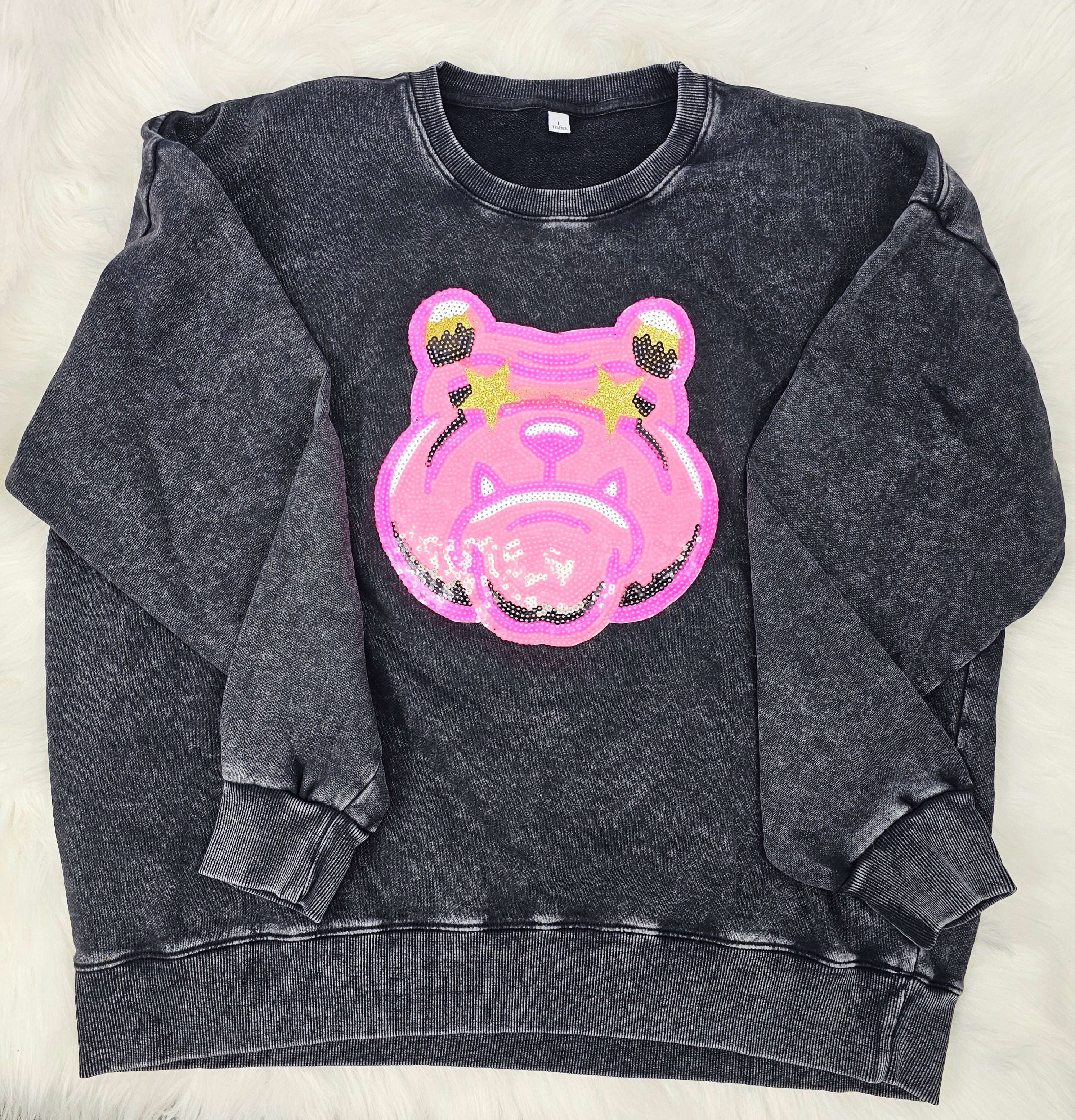 Hot Pink Bulldog Mascot Sequin on Acid Wash Crews by Pretty Preppy Co. - Image 9