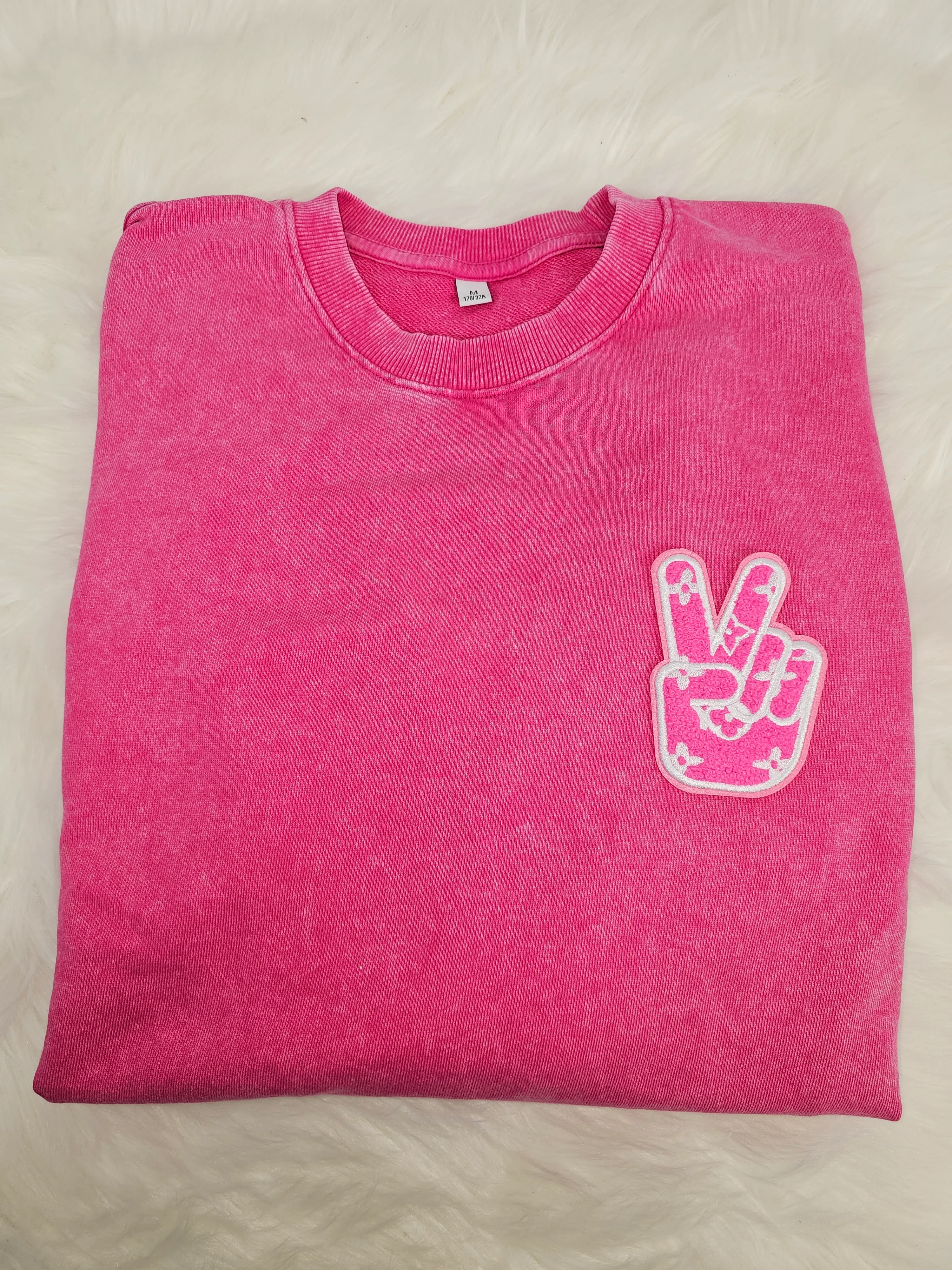 Hot Pink L V Preppy Peace Sign on Pink Felt Chenille Iron-on Patch - Image 3