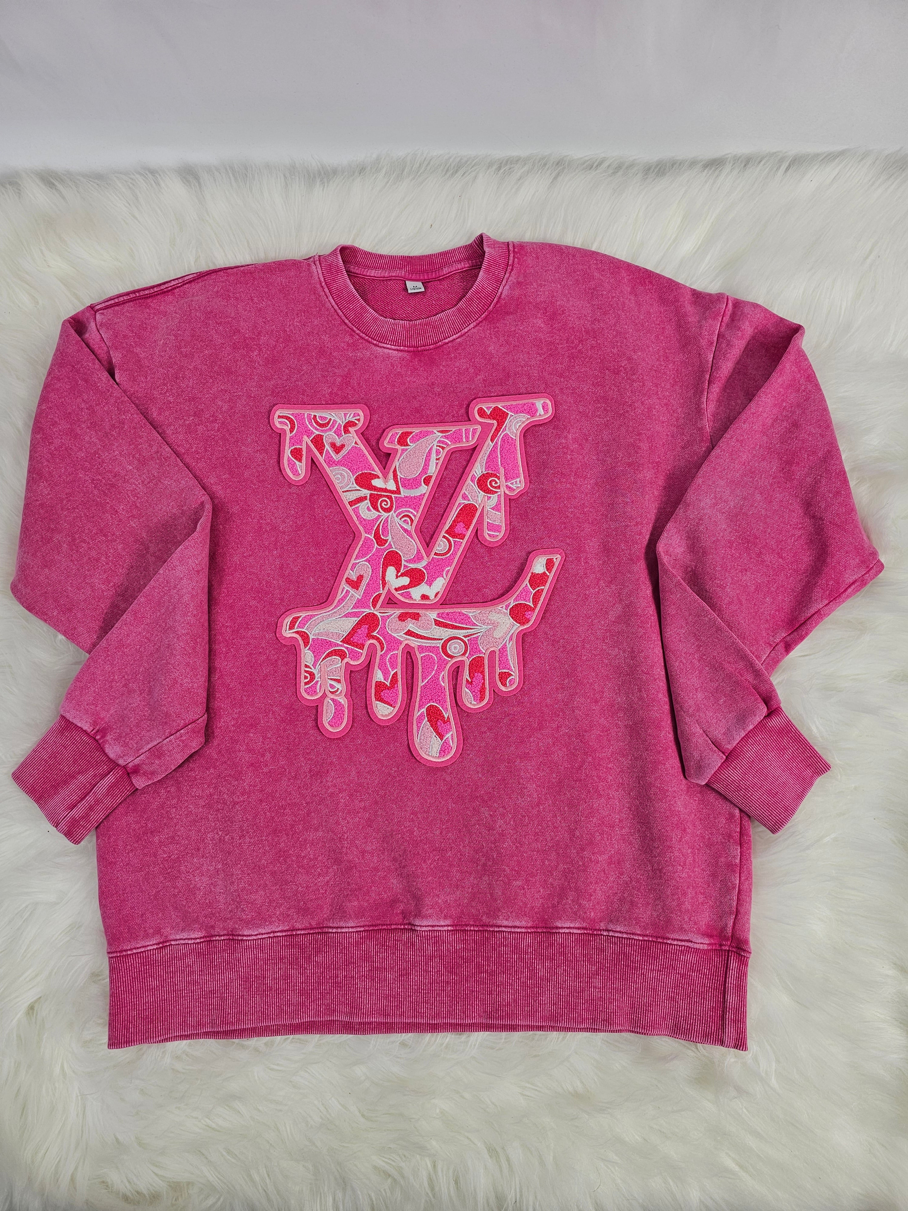 L V Drip with Pink Hearts on Pink Felt Chenille Iron-on Patch - Image 3