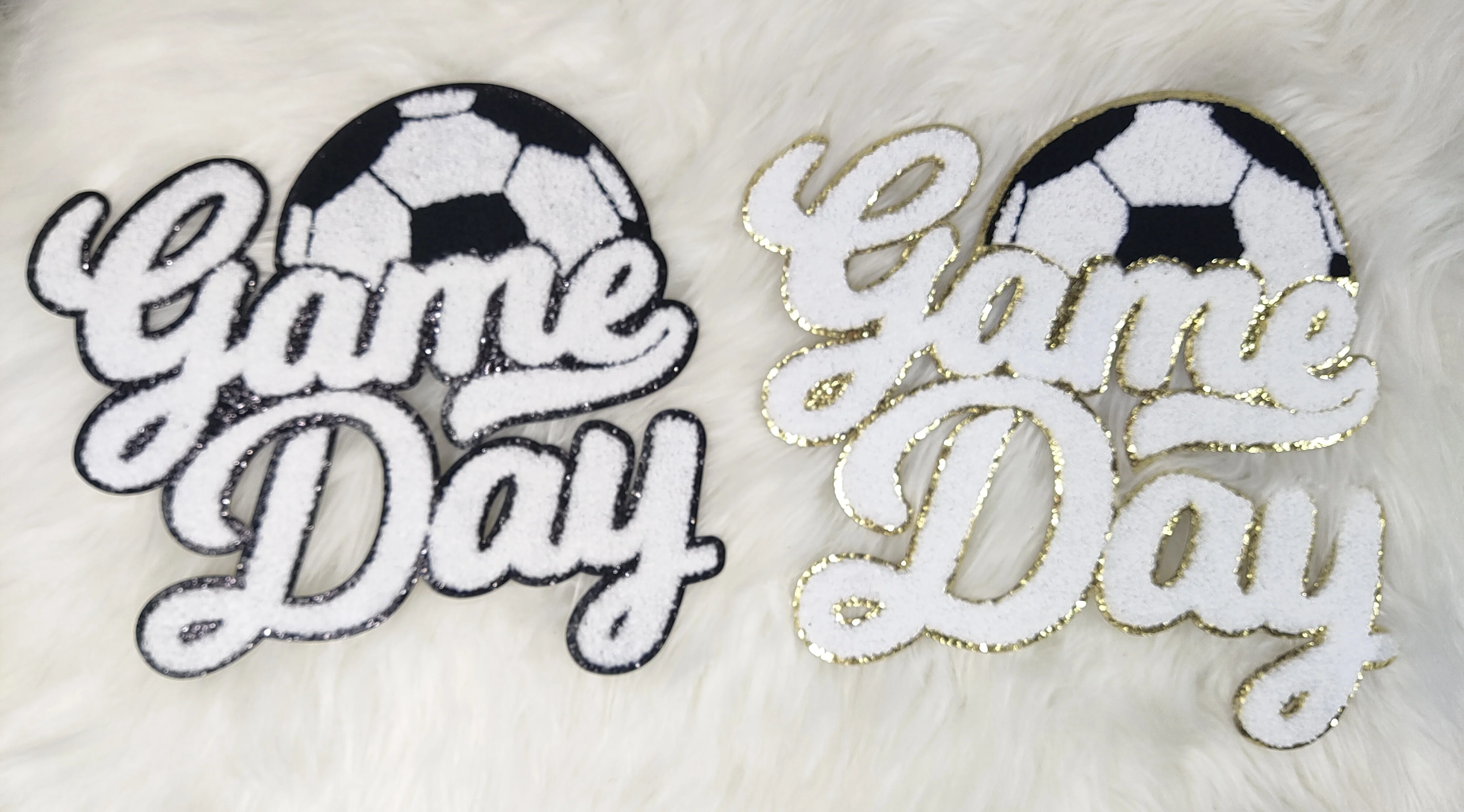 Large White Soccer Game Day Chenille Iron-on Glitter Patch - Image 3