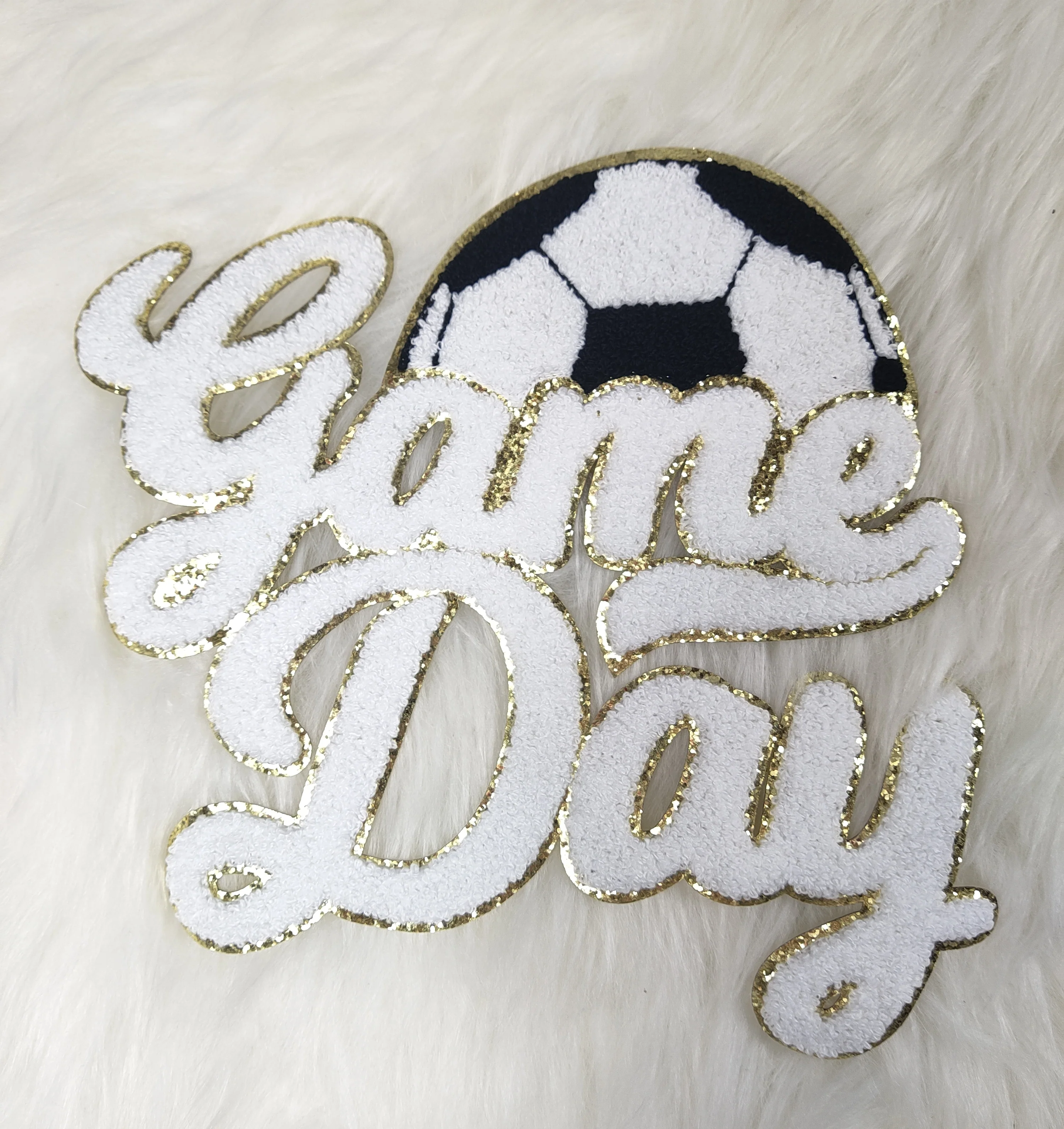 Large White Soccer Game Day Chenille Iron-on Glitter Patch - Image 5