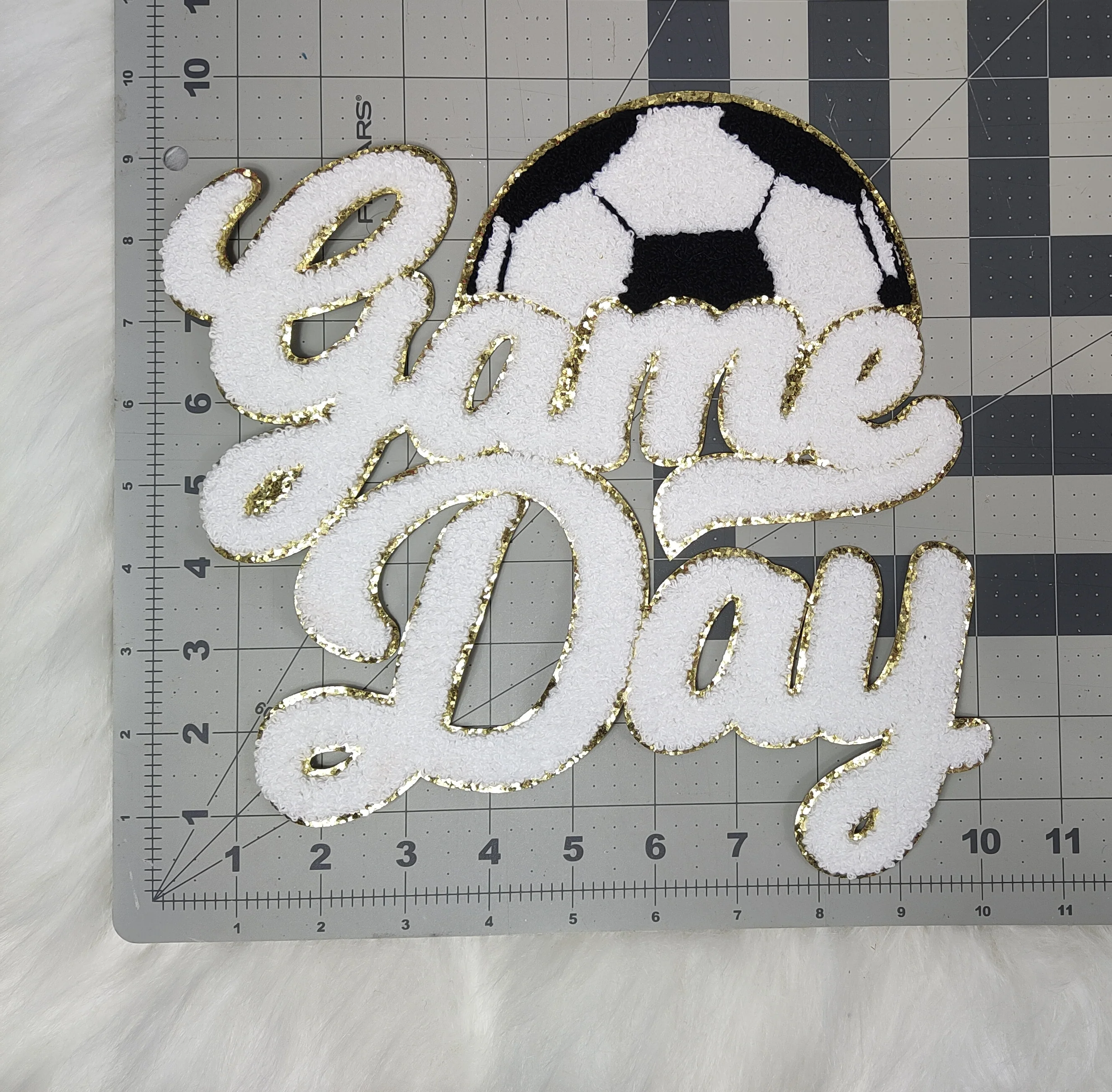 Large White Soccer Game Day Chenille Iron-on Glitter Patch - Image 6