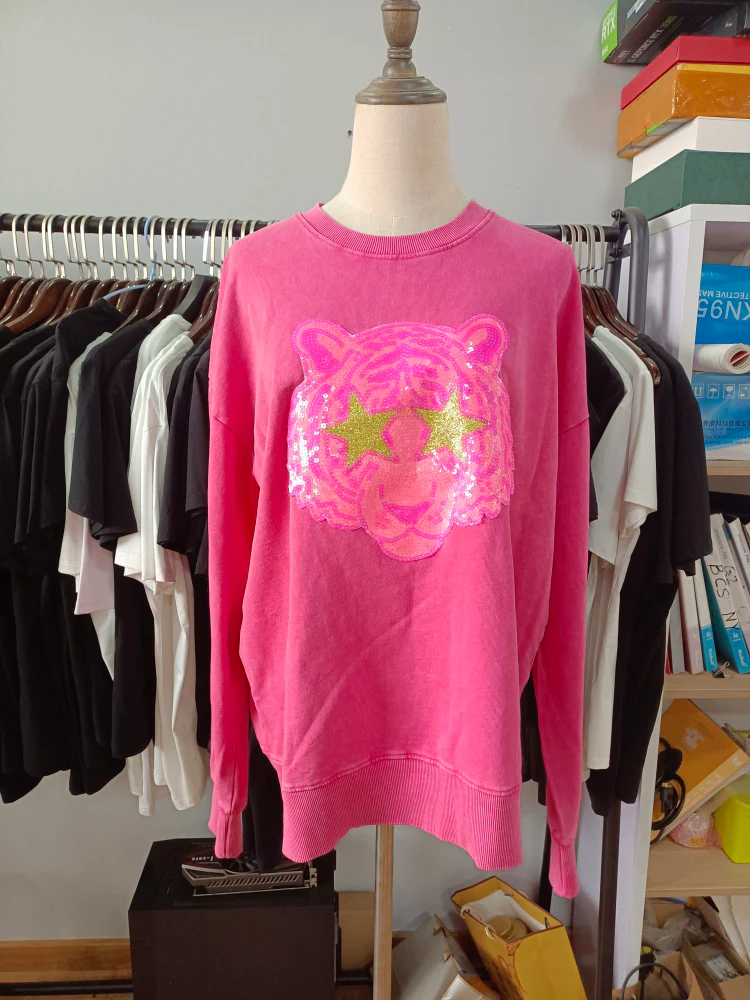 Hot Pink Tiger Mascot Sewn on Sequin Acid Wash Crew by Pretty Preppy Co. - Image 4