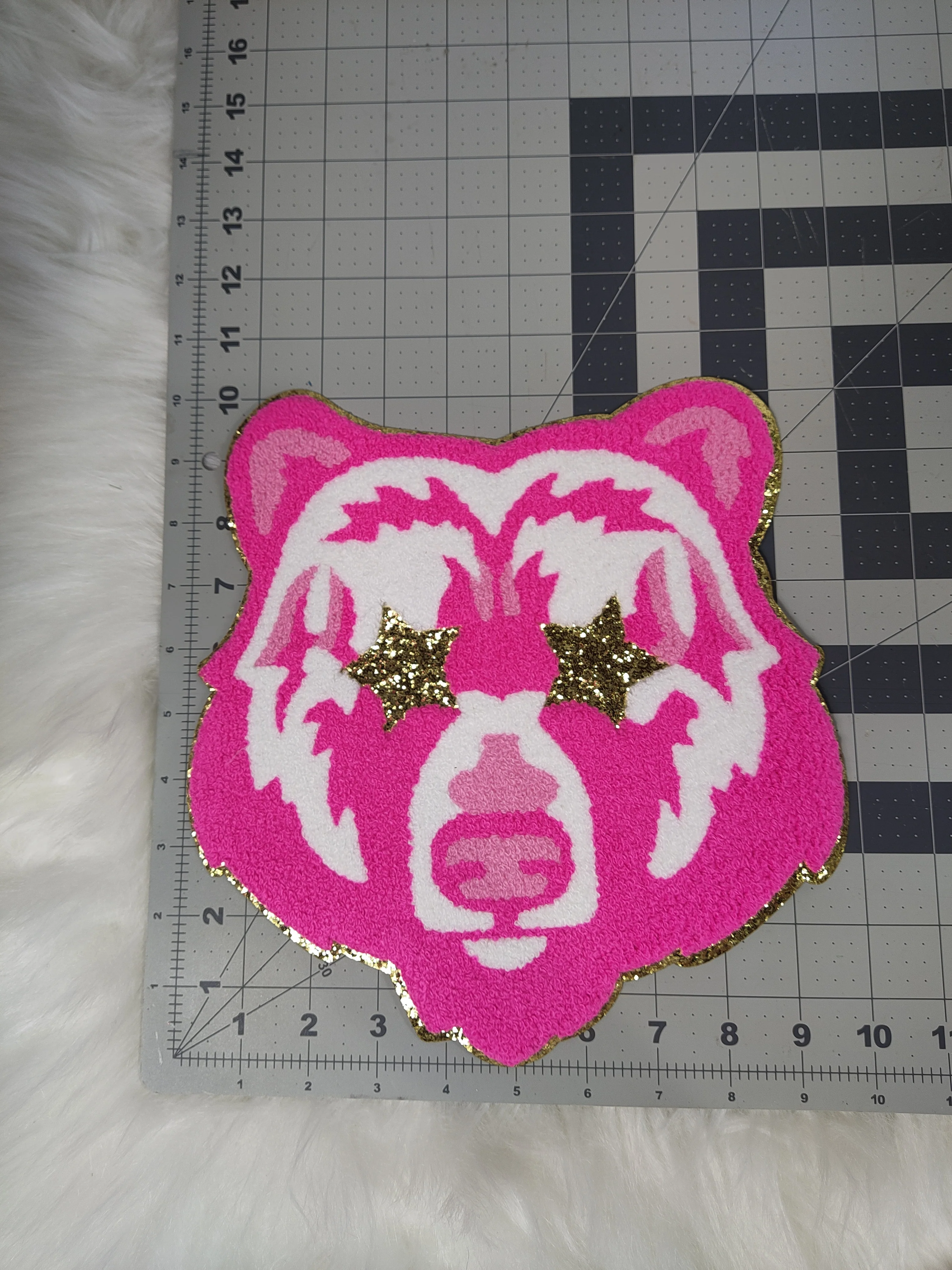 Hot Pink Bear Mascot with Star Eyes Large Chenille Iron-on Patch - Image 3