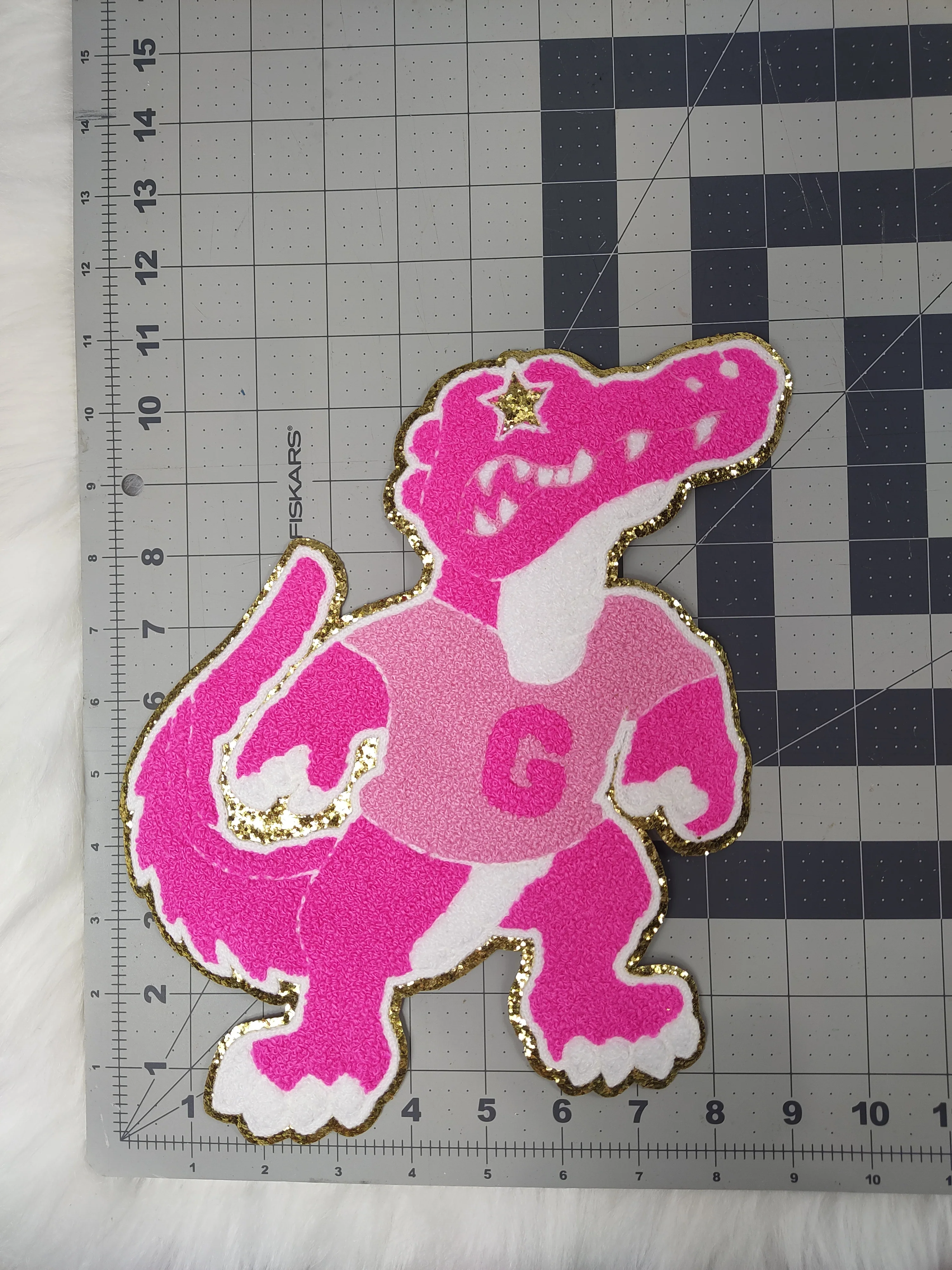 Hot Pink Gator Mascot with a Pink Tee and Star Eyes Large Chenille Iron-on Patch - Image 3