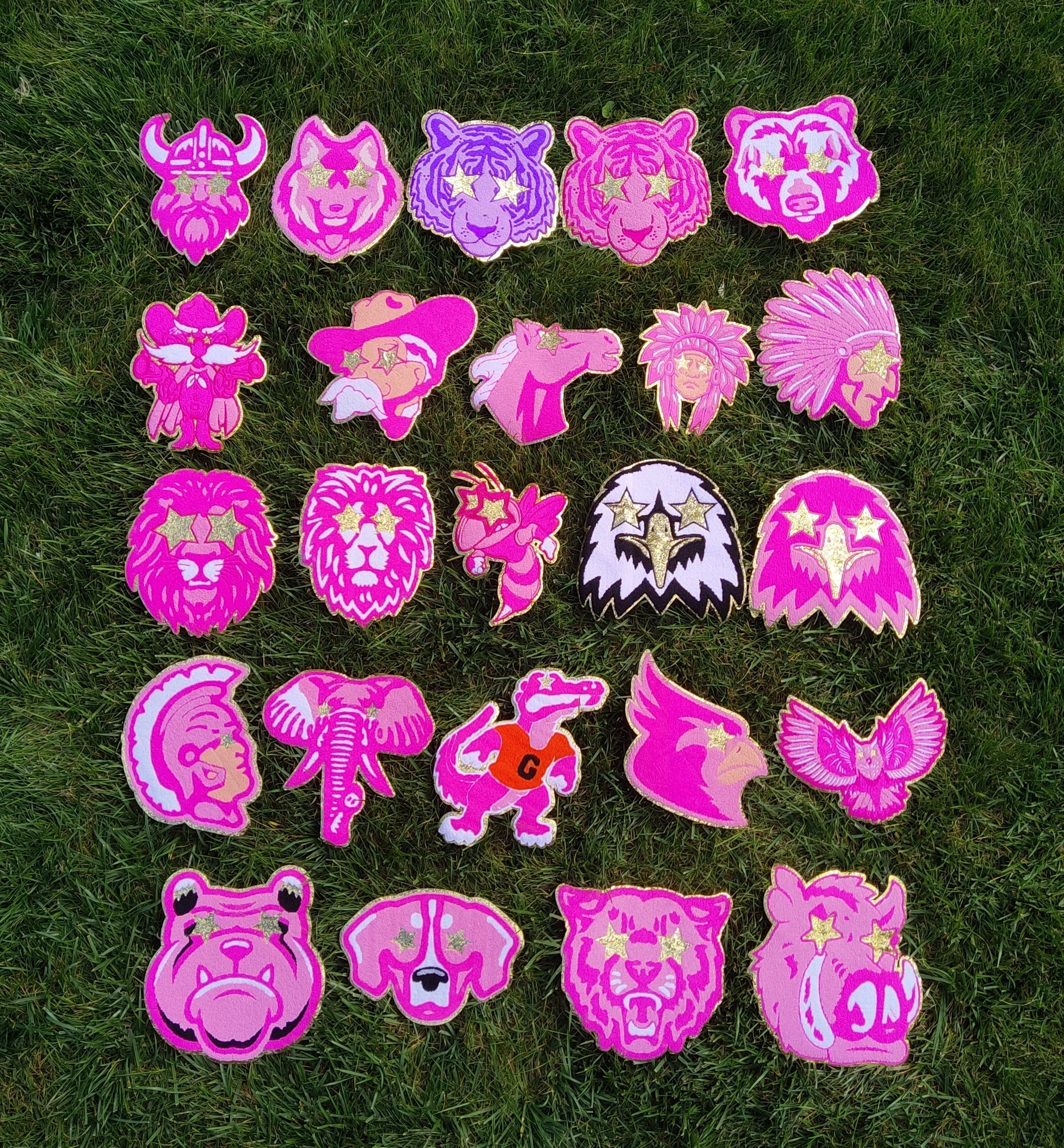Hot Pink Side Profile Warrior Indian Mascot with Star Eyes Large Chenille Iron-on Patch - Image 3