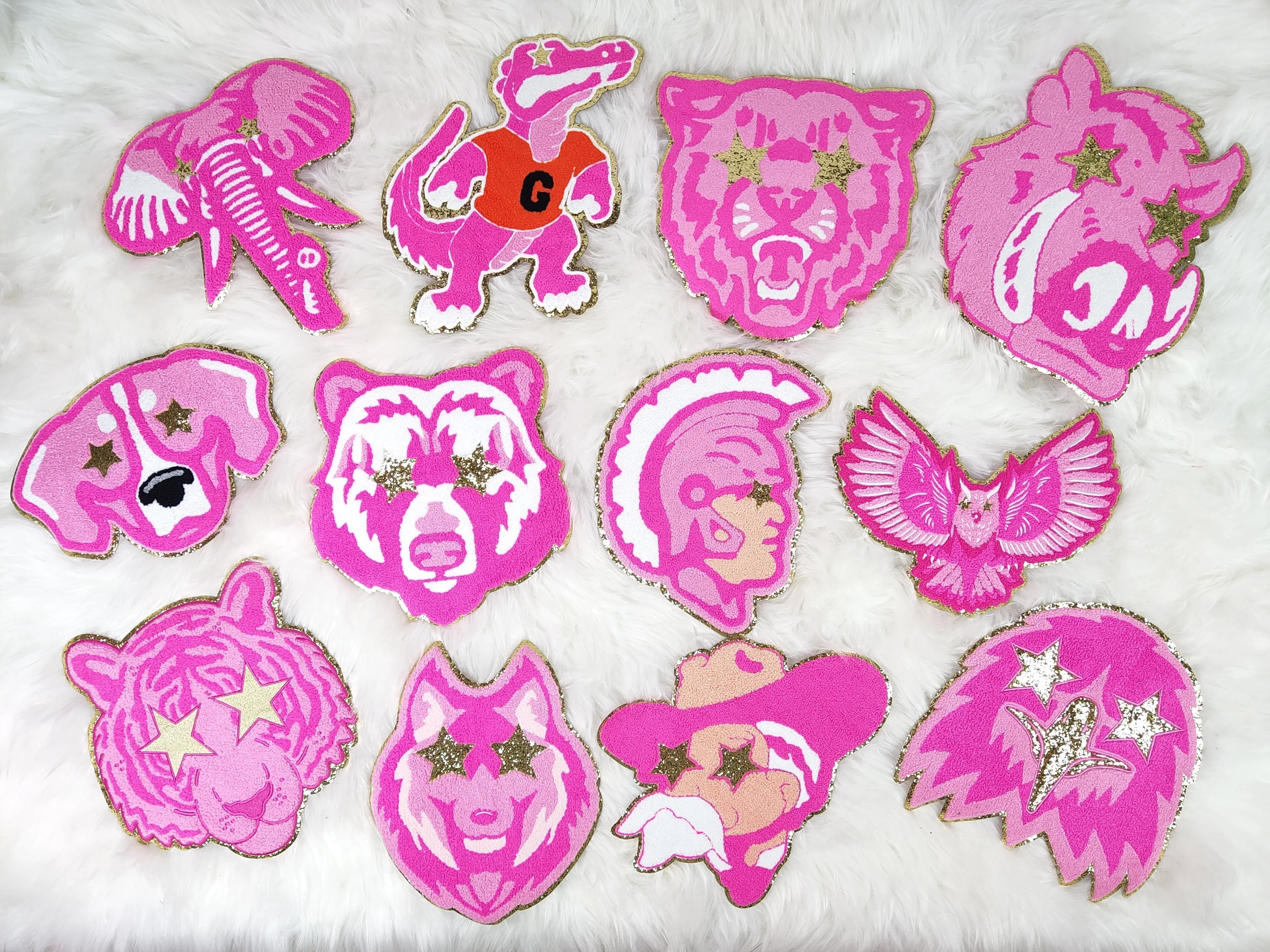 Hot Pink Side Profile Warrior Indian Mascot with Star Eyes Large Chenille Iron-on Patch - Image 4