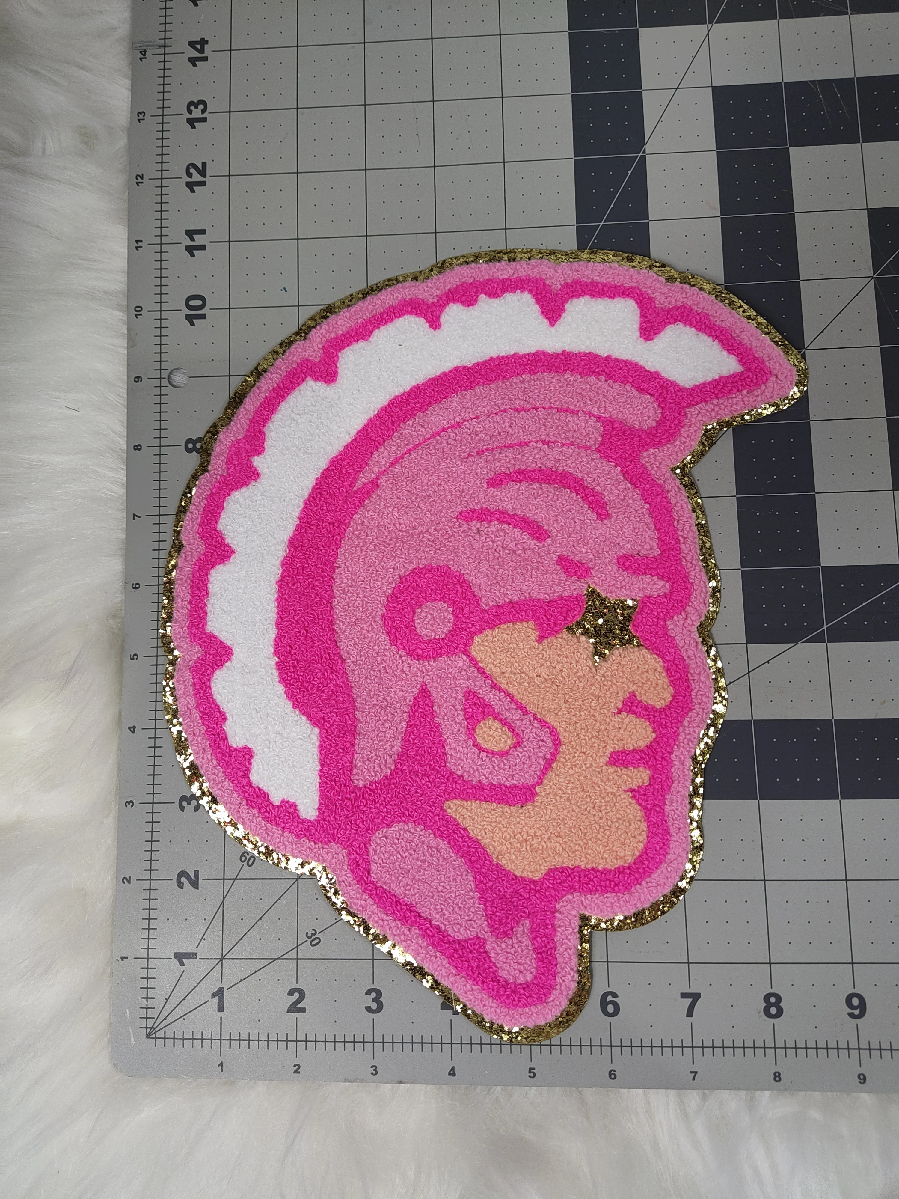 Hot Pink Trojan Spartan Mascot with Star Eyes Large Chenille Iron-on Patch - Image 3