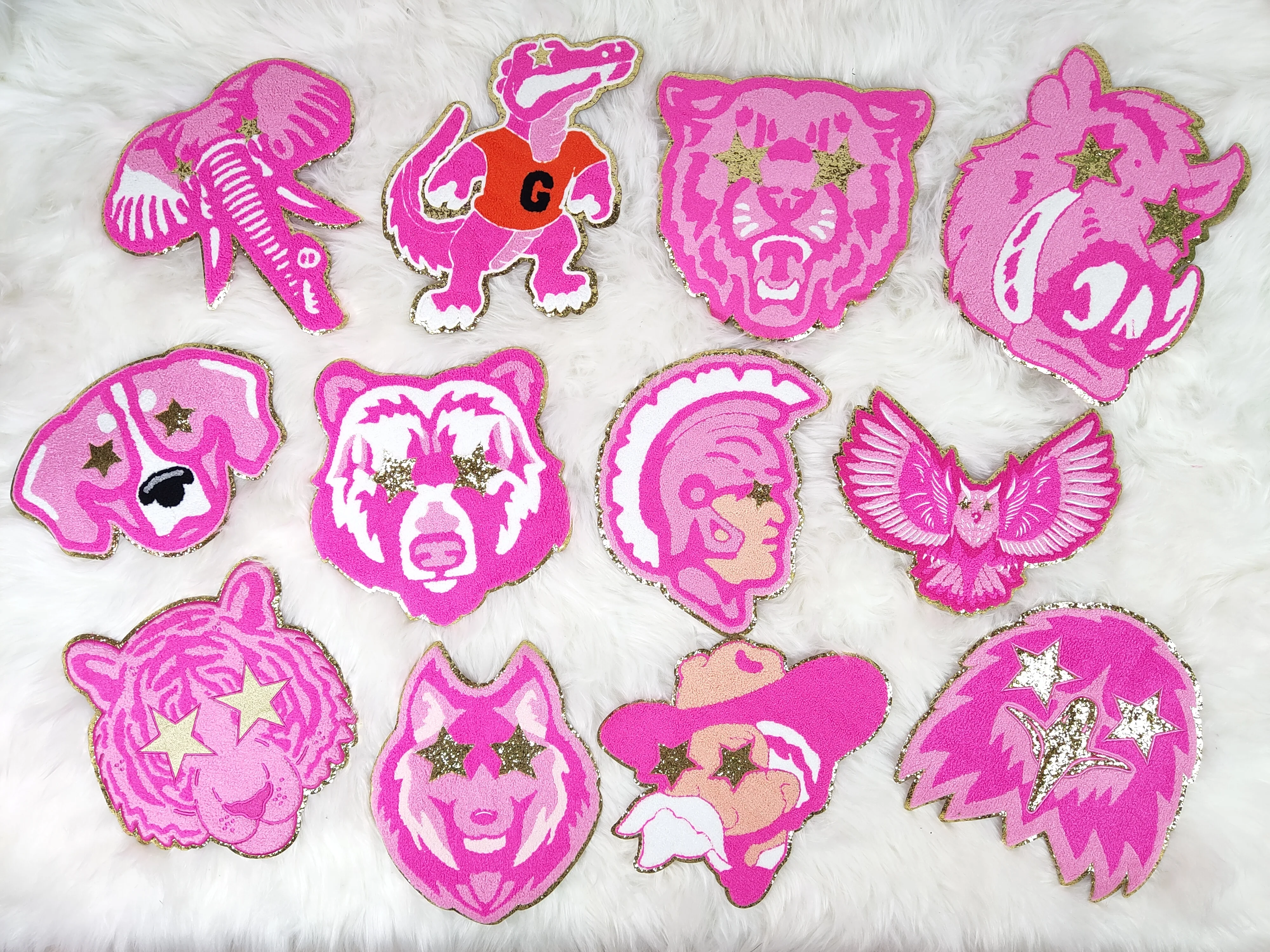 Hot Pink Trojan Spartan Mascot with Star Eyes Large Chenille Iron-on Patch - Image 5