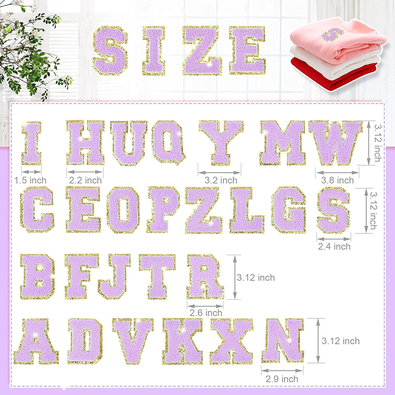 Purple Chenille Iron On Gold Glitter Letter Patches - Image 3