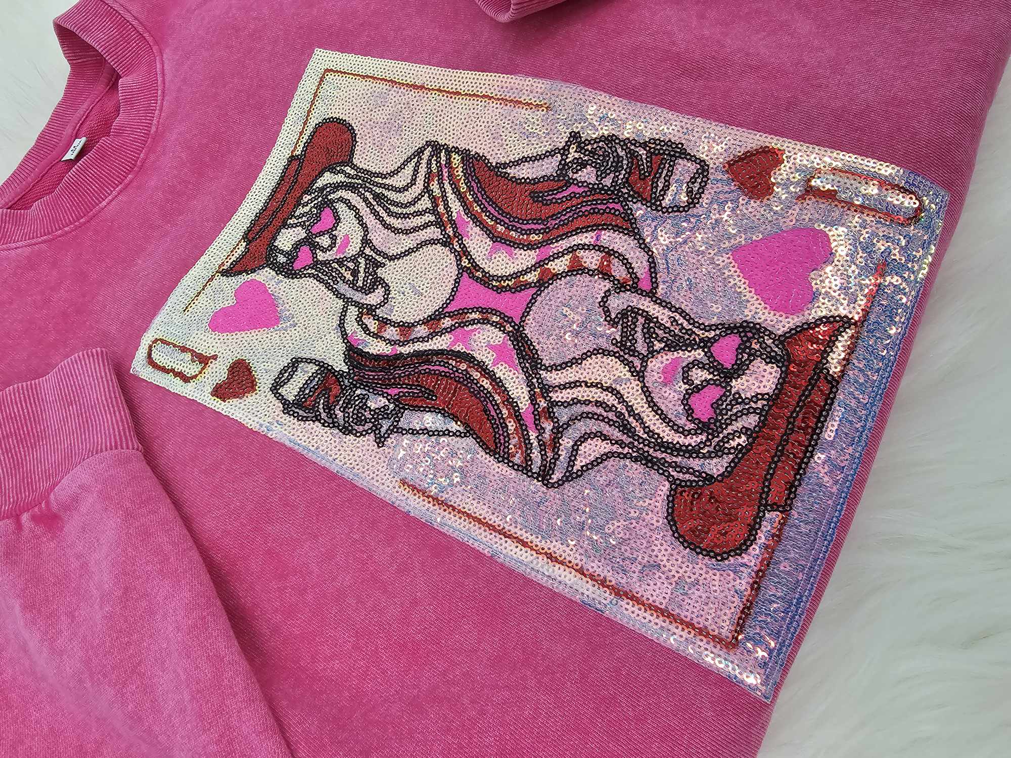 Queen Hearts Cowgirl Lover Card Sequin Acid Wash Crew by Pretty Preppy Co. - Image 3