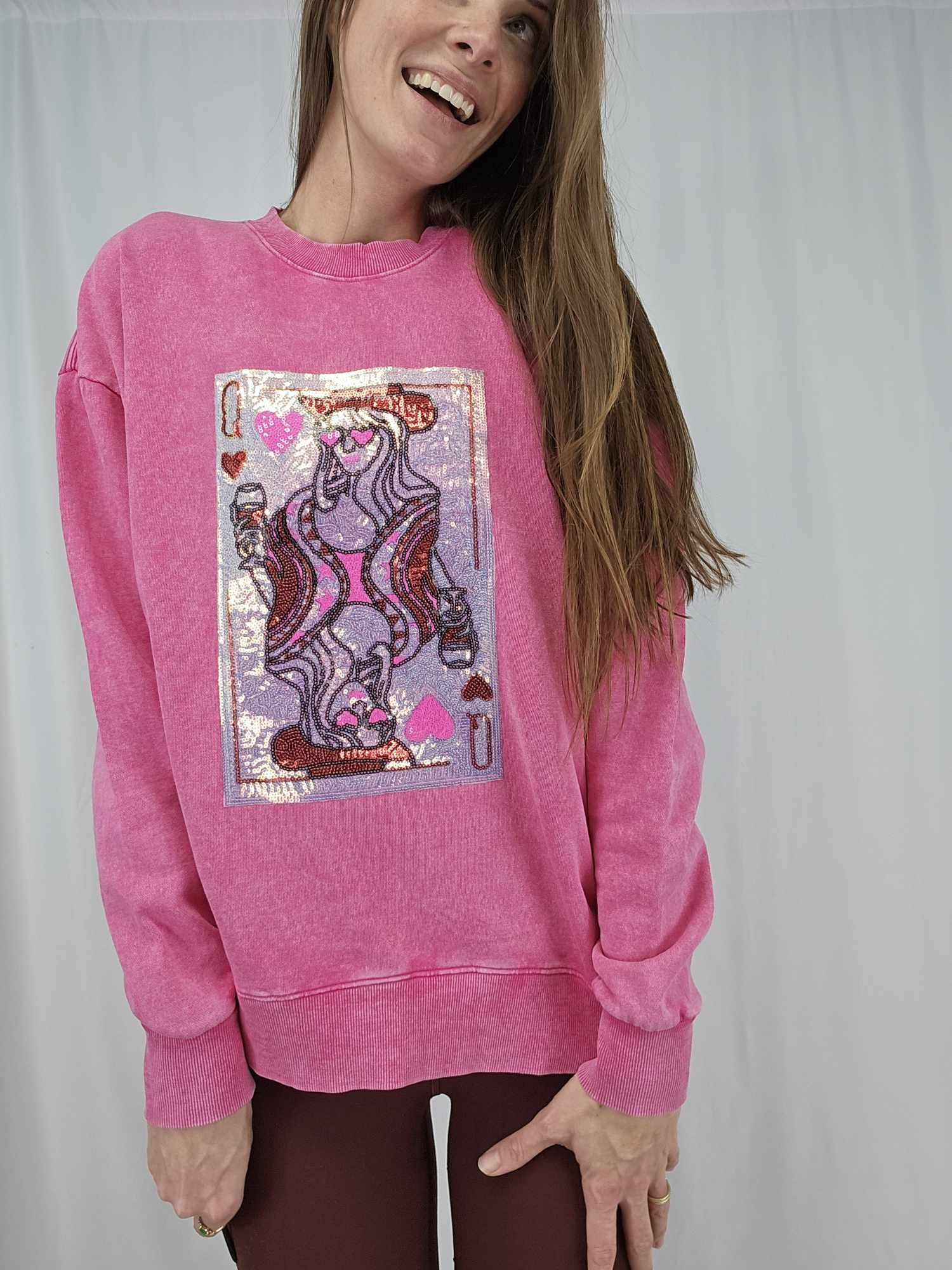 Queen Hearts Cowgirl Lover Card Sequin Acid Wash Crew by Pretty Preppy Co. - Image 4